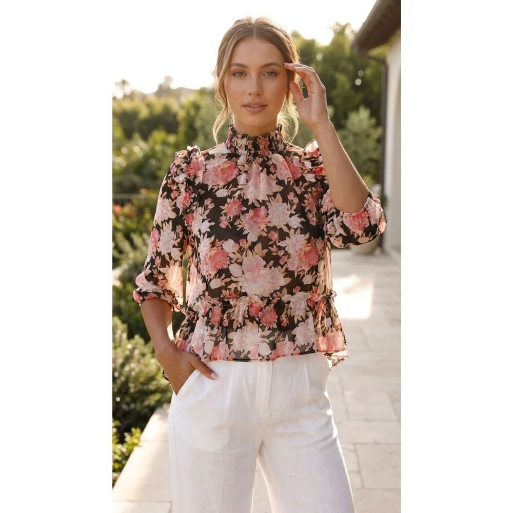 M&M Hi Low Long Sleeve Blouse Floral Chiffon Top Size Large
